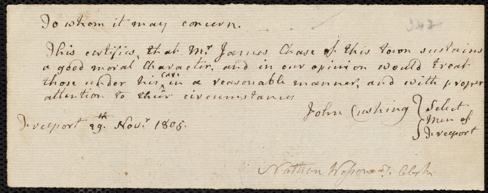 Jabez Barrow indentured to apprentice with James Chase of Freeport, 13 December 1805