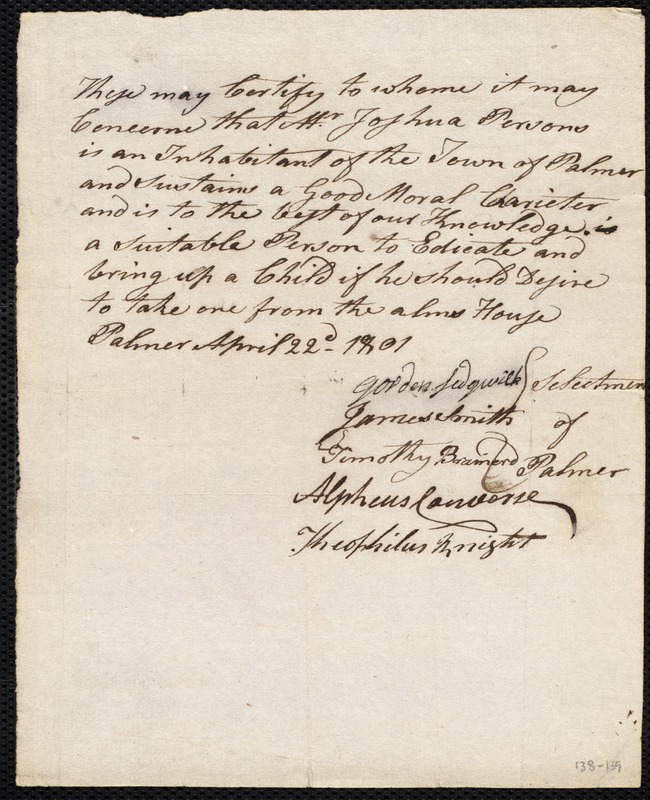 Endorsement Certificate for Joshua Persons from the Selectmen of the town of Palmer, 11 April 1801