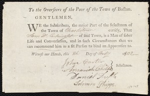 Endorsement Certificate for Sam Cartwright from the Selectmen of the town of Charlestown, 8 February 1802