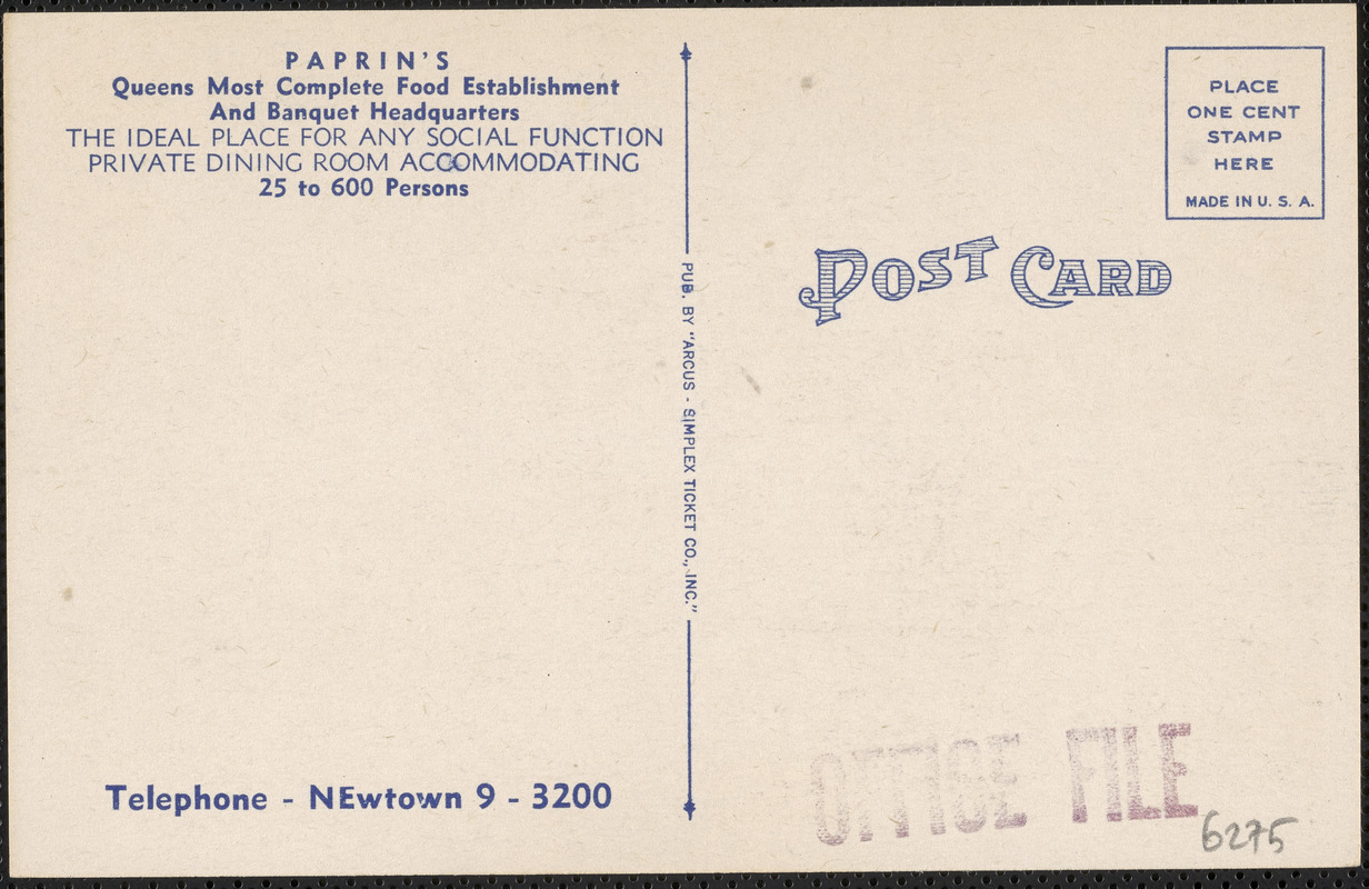 Paprin's -- centre of Queens social life, Roosevelt Ave. at 61st St., Woodside, L. I., N. Y.
