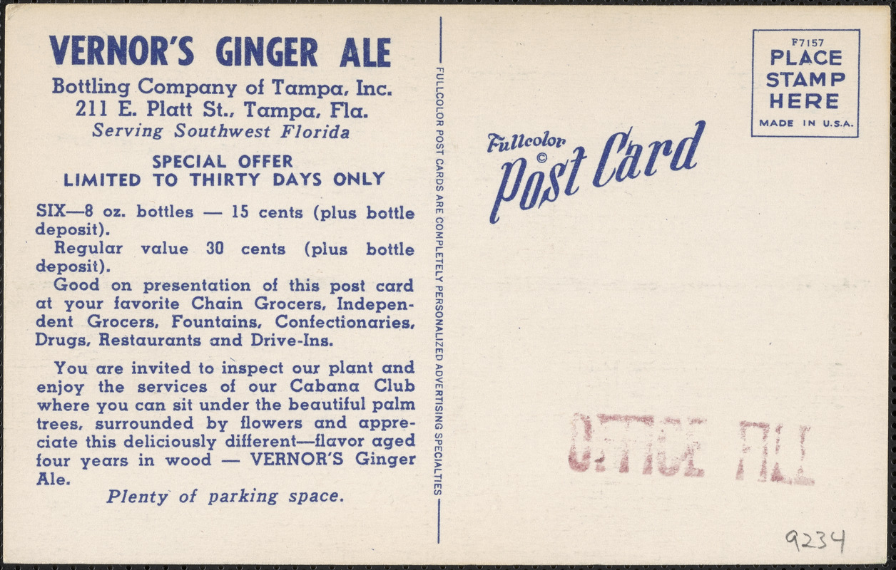 Vernor's Ginger Ale Bottling Company of Tampa, Inc., Tampa 1 Fla., largest  animated signboard in the southeast- 32 feet high, 70 feet long - Digital  Commonwealth