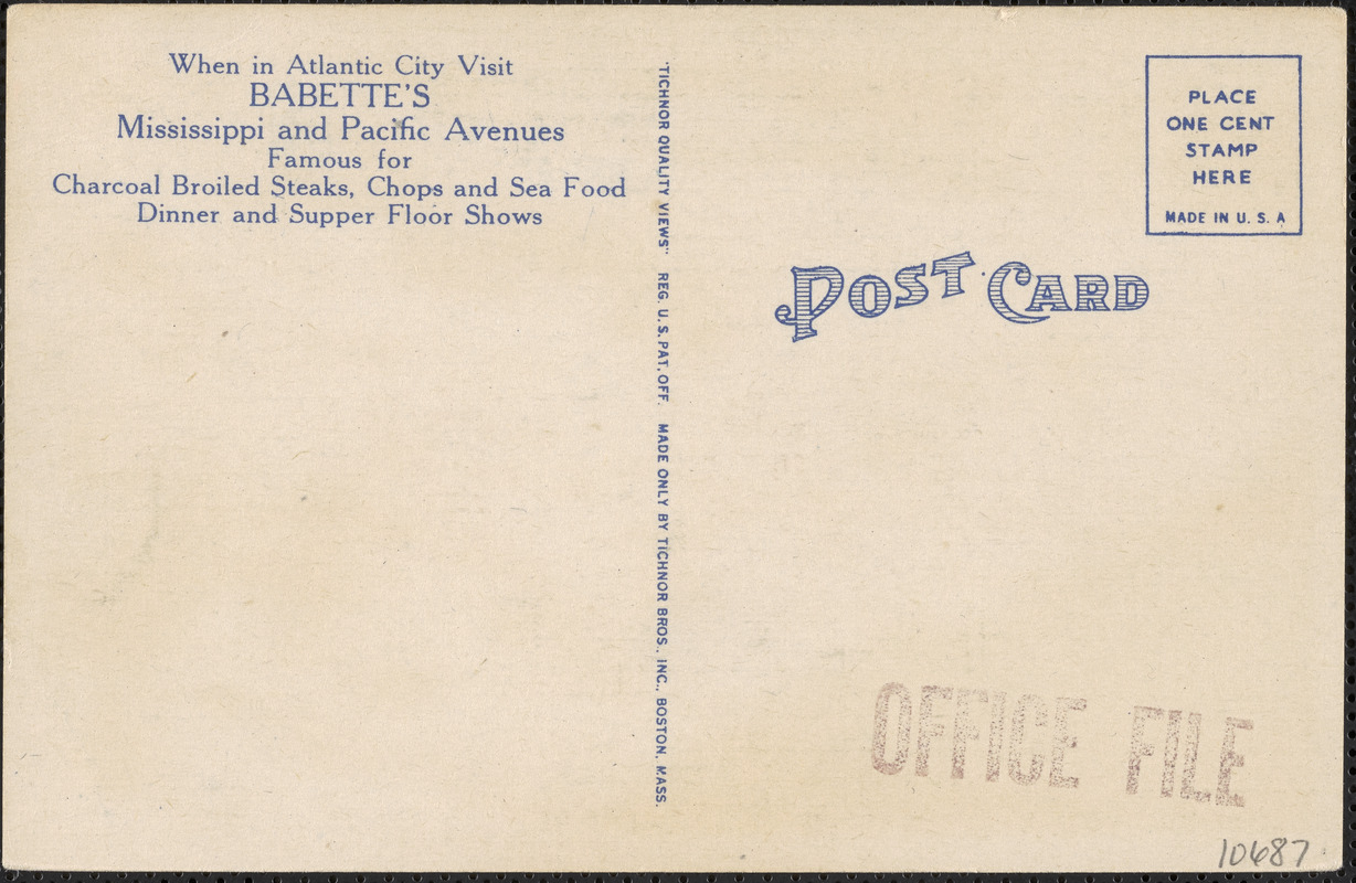 Babette's -- Mississippi and Pacific Avenues, Atlantic City, N. J., famous yacht bar and cocktail lounge
