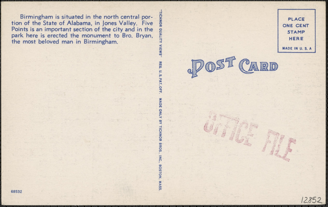 View at Five Points, showing monument of beloved Reverend Brother J. A. Bryan, Birmingham, Ala.