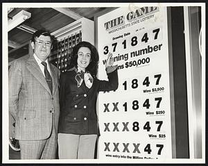 Mass. State Lottery. Winning number drawing- at Worcester Center. Worcester. L to r.- Mayor Thomas J. Early -- Worcester + Arlene Farnsworth promotion director of Worcester center