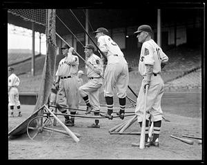 L to R: Jewel Ens (#34), Shanty Hogan, Ben Cantwell, Bill McKechnie, and Hal Lee, Boston Braves, Braves Field