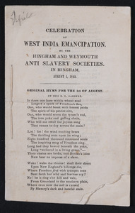 Celebration of West India emancipation by the Hingham and Weymouth anti-slavery societies, Hingham, August 1, 1842