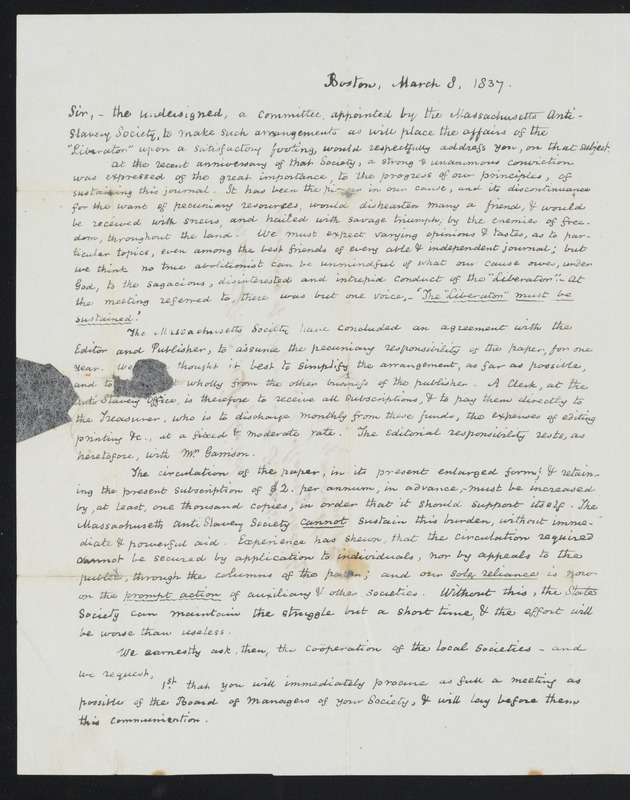 Letter from the Committee of Massachusetts Anti-slavery Society (Isaac Winslow, Ellis Gray Loring, Samuel Philbrick, Joseph H. Eayrs, John E. Fuller), Boston, to Hannah C. Fifield, March 8, 1837
