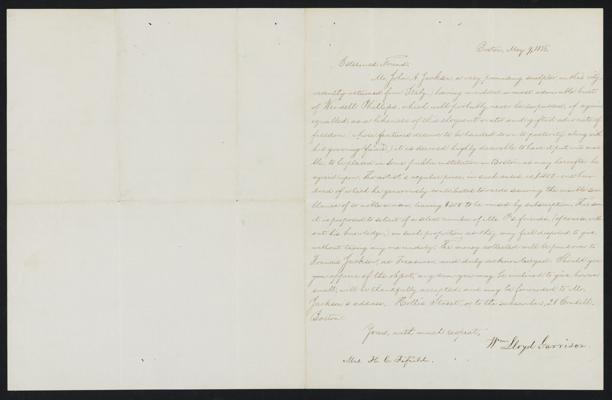 Letter from William Lloyd Garrison, Boston, to H. C. Fifield, May 9, 1855