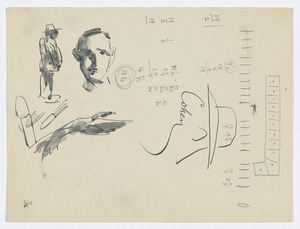 Untitled (page of sketches and math, with "Cohen" face doodle)