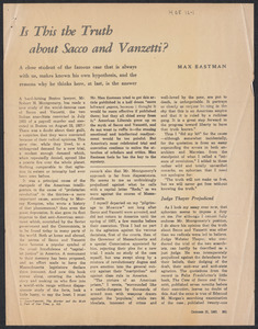 Herbert Brutus Ehrmann Papers, 1906-1970. Sacco-Vanzetti. Max Eastman: National Review, Oct. 21, 1961. Box 12, Folder 1, Harvard Law School Library, Historical & Special Collections