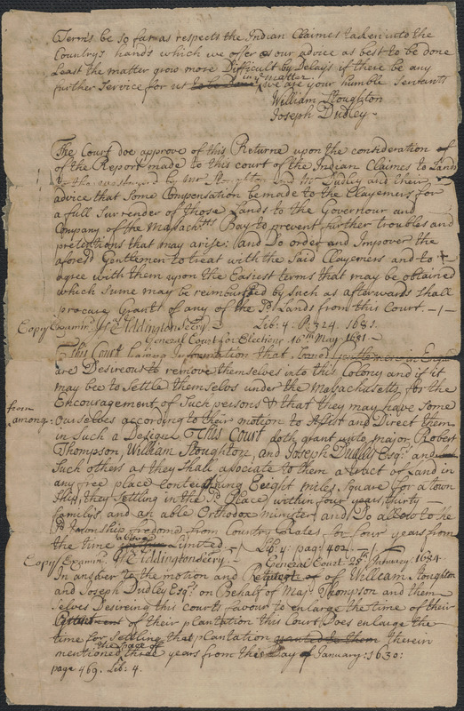 Copy of the record of the general court in relation to the settlement of claims, by Indians and others, to land in the Nipmug country, and making a grant of portions of those lands to William Stoughton and Joseph Dudley, 1681 May 11 to 1685 May 27