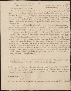 Copy of a letter from John Cotton, Plymouth, to Rowland Cotton, Sandwich, 1695/1696 March 4, in the hand of Thomas Prince, with his notes
