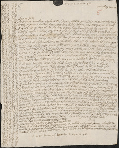 Letter from John Cotton to Rowland Cotton, Sandwich, 1696 April 22