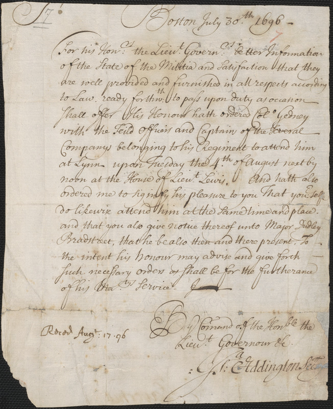 Order to Col. Nathaniel Saltonstall, 1696 July 30