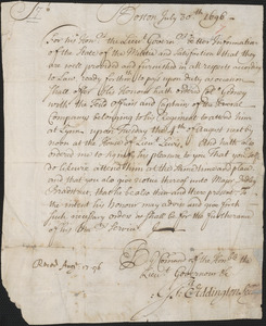 Order to Col. Nathaniel Saltonstall, 1696 July 30