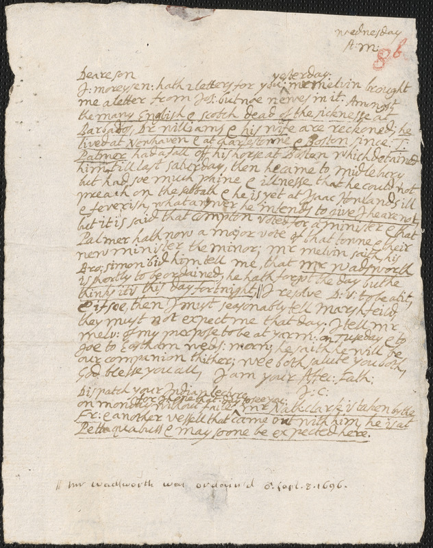 Letter from John Cotton to Rowland Cotton, Sandwich, before 1696 September 8