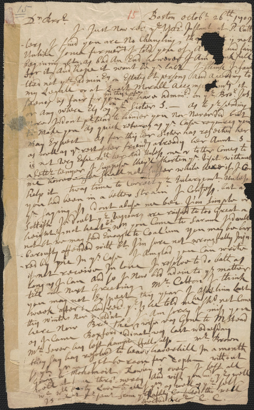 Letter from Caleb Cushing, Boston, to Rowland Cotton, Sandwich, 1709 October 26