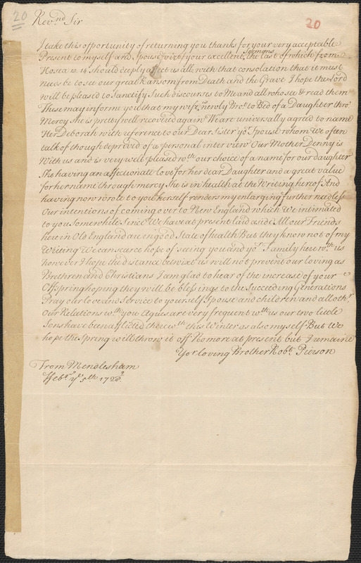 Letter from Robert Pierson, Mendlesham, to Thomas Prince, Boston, 1728 February 5