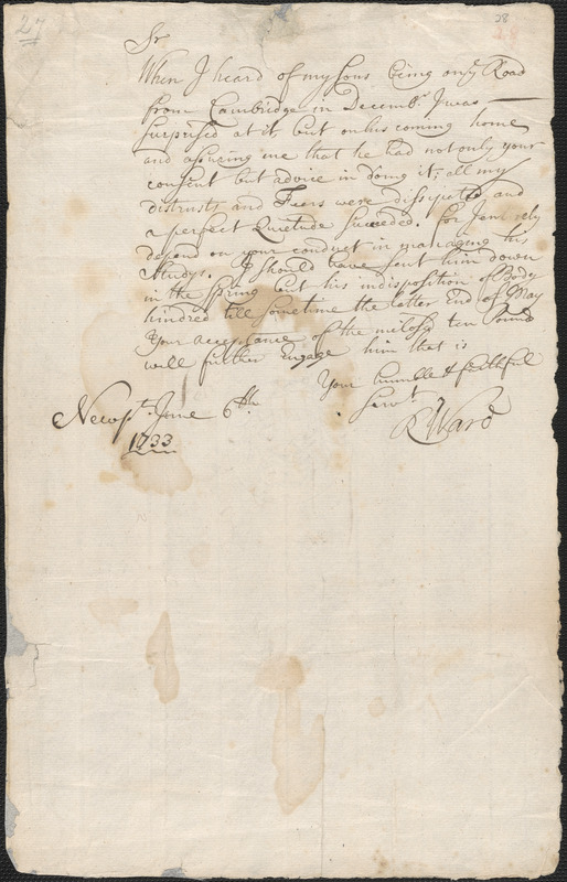 Letter from Richard Ward, Newport, to Nathan Prince, Cambridge, 1733 June 6