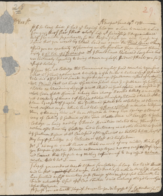 Letter from John Callender, Newport, to Nathan Prince, Cambridge, 1733 June 14