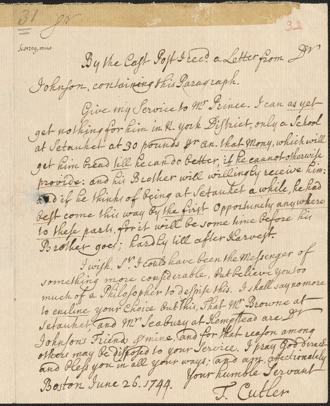 Letter from T. Cutler, Boston, to Nathan Prince, Dorchester, 1744 June 26