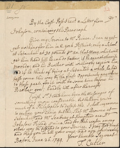 Letter from T. Cutler, Boston, to Nathan Prince, Dorchester, 1744 June 26