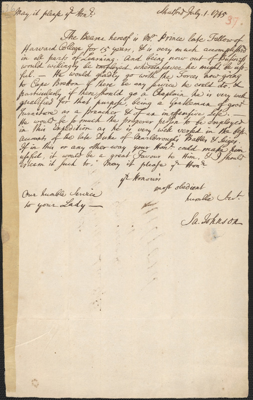 Letter from Samuel Johnson, Stratford, to Governor Jonathan Law ...