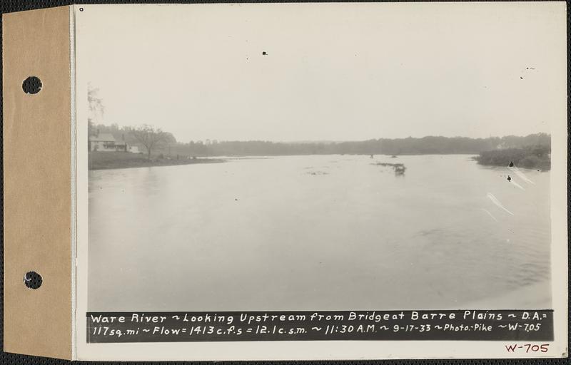 Ware River, looking upstream from bridge at Barre Plains, drainage area = 117 square miles, flow = 1413 cubic feet per second = 12.1 cubic feet per second per square mile, Barre, Mass., 11:30 AM, Sep. 17, 1933