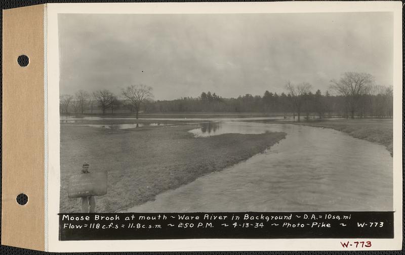 Moose Brook at mouth, Ware River in background, drainage area = 10 square miles, flow = 118 cubic feet per second = 11.8 cubic feet per second per square mile, Hardwick, Mass., 2:50 PM, Apr. 13, 1934