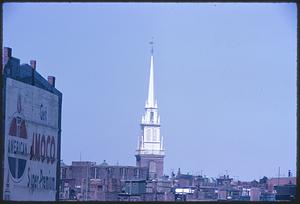 View of Old North Church steeple above Boston buildings