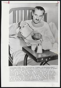 Aviation Pioneer in Hospital - Bert Acosta, pioneer transatlantic aviator, pours a drink of water in his hospital bed at Sydenham hospital here where he is seriously ill of a lung ailment. Acosta, listed in hospital records as 57 years old, flew the Atlantic in 1927 with Adm. Richard E. Byrd. With Clarence Chamberlain Acosta once set a world's endurance flight record of 51 hours and 11 minutes. A Manhattan public relations man, Fred Benham whom Acosta listed as his "next-of-kin," said he and other old friends of the aviator are handling financial arrangement for his medical care.
