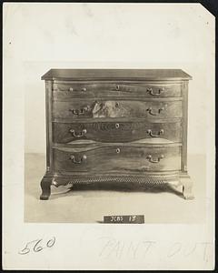 "The Plain Look" -- A carved cherry chest of drawers, circa 1770-80. The combination of originality and sturdiness in such American furniture is the characteristic emphasized by the display at the Brooklyn Museum, "America, Country Style."