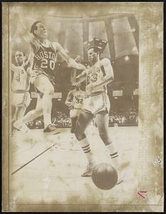 St. Louis- Great+E2081 Larry, but what happened to the ball? Boston's Larry Siegfried (20) comes driving in for a layup, but had the ball knocked out of his hands by Hawks' Lou Hudson (23) in 2nd period of Hawks-Celtics game here 2/26. In background are Hawks' Len Wilkens (14) and Bill Bridges (32).