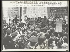 Out in Full Force -- Between two and three thousand demonstrators march in front of the United States consulate in Toronto Saturday. They were protesting both the killing of four students at Ohio's Kent State University and U.S. involvement in Cambodia.