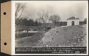 Contract No. 130, Grading, Loaming, and Grassing Vicinity of Shaft 4, Pressure Aqueduct, Southborough, and Improvement of Access Roads to the Intake Works and at Norumbega Reservoir, Marlborough, Southborough, Weston, looking westerly showing spoil pile and general operations, headhouse at Shaft 4, Southborough, Mass., May 6, 1941