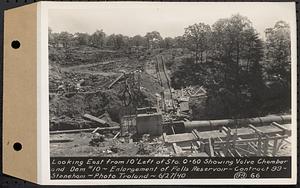 Contract No. 99, Enlargement of Fells High Level Distribution Reservoir, Stoneham, Malden, Melrose, looking east from 10 feet left of Sta. 0+60 showing valve chamber and dam 10, enlargement of Fells Reservoir, Stoneham, Mass., Jun. 27, 1940