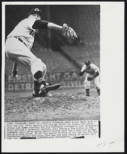 Score's Comeback--Herb Score leans back to fire the last pitch against the Chicago White Sox today. The pitch struck out Sammy Esposito for the Cleveland southpaw's 13th strikeout. Score pitched a three-hit shutout, 2-0, taking a big stride on the comeback trail after being nearly blinded last May 7 when hit in the eye by a line drive. It was the second victory of the sea son for the fastballer against one loss. That was the same record he marked up a year ago.