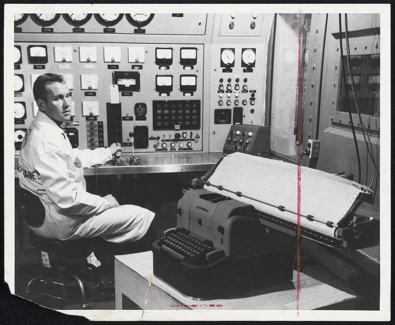 Automatic Recording of 52 engine test variables, wich formerly had to be manually read and recorded from gauges, is accomplished with this "tattle tale" typewriter at the General Electric Co.'s small aircraft engine department in Lynn. It is part of a new unique digital recorder system built to GE's design specifications by Fisher & Porter Co.