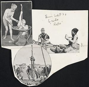 These pictures above and at the right were specially posed under supervision of the author to show the illusion one experiences when watching the "rope trick." Above, the Yogi and his assistant are shown at prayer, while the rope begins its ascent. At the right the spectators apparently see the girl begin her climb up the rope.