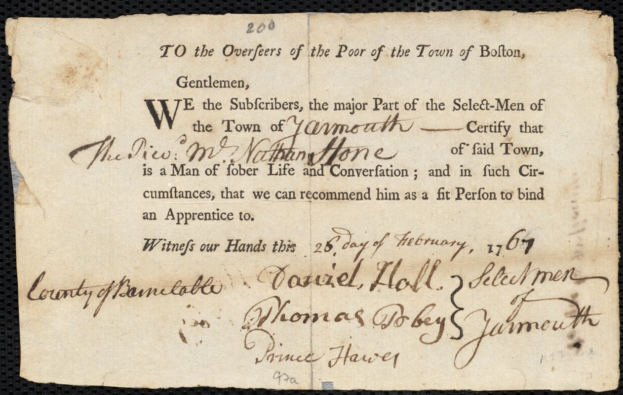 Elizabeth Jones indentured to apprentice with Nathan Stone of Yarmouth, 13 May 1767