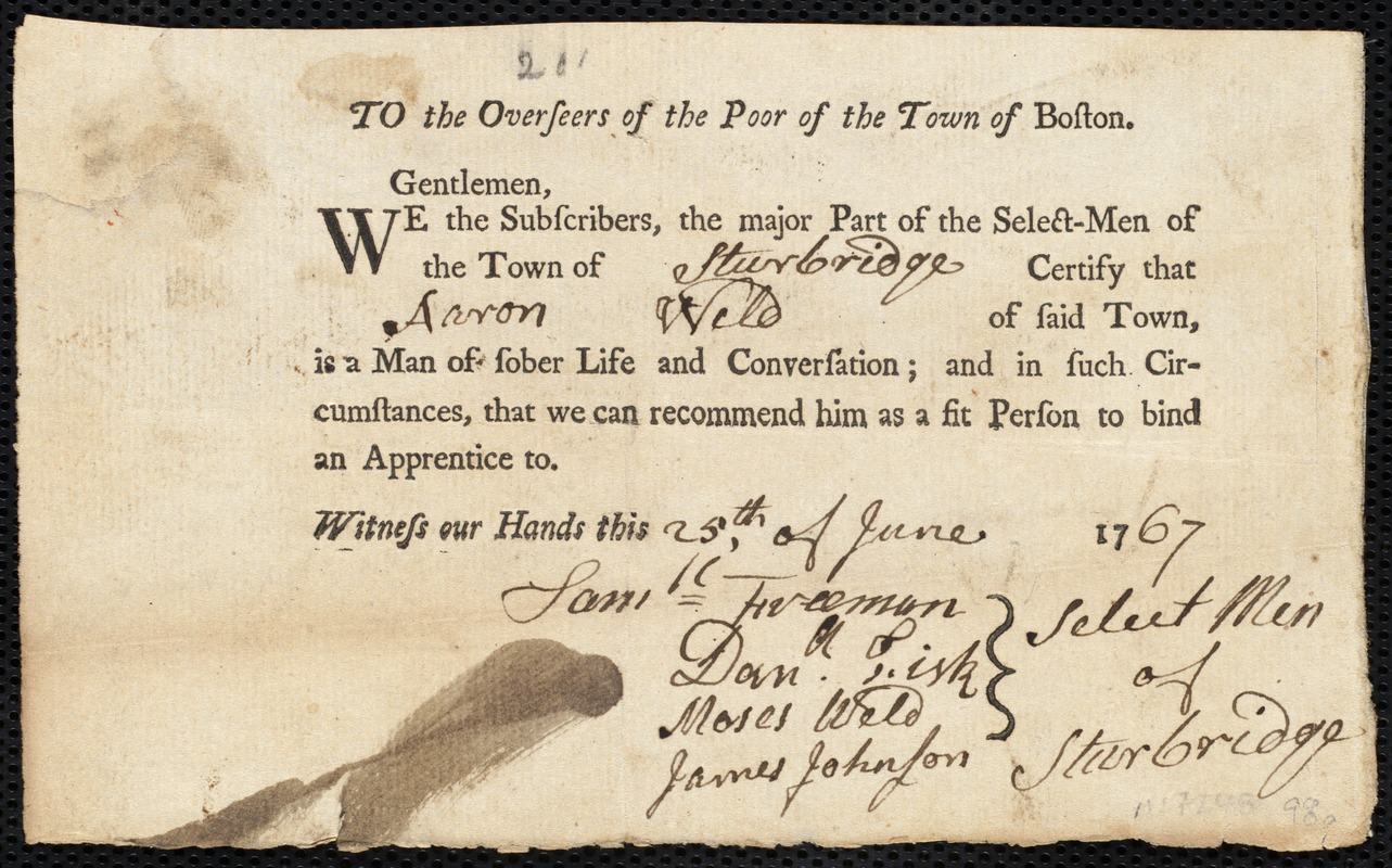 Henry Iverd indentured to apprentice with Aaron Weld of Sturbridge, 18 June 1767