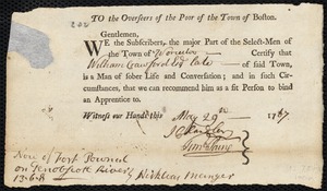 Nicholas Mangent indentured to apprentice with William Crawford of Fort Pownall, 3 June 1767