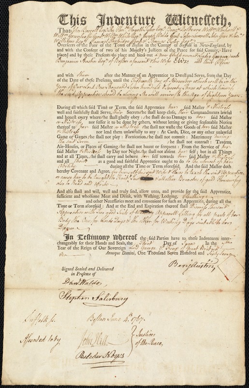 Lydia Gregory indentured to apprentice with Benjamin Austin of Boston, 3 June 1767