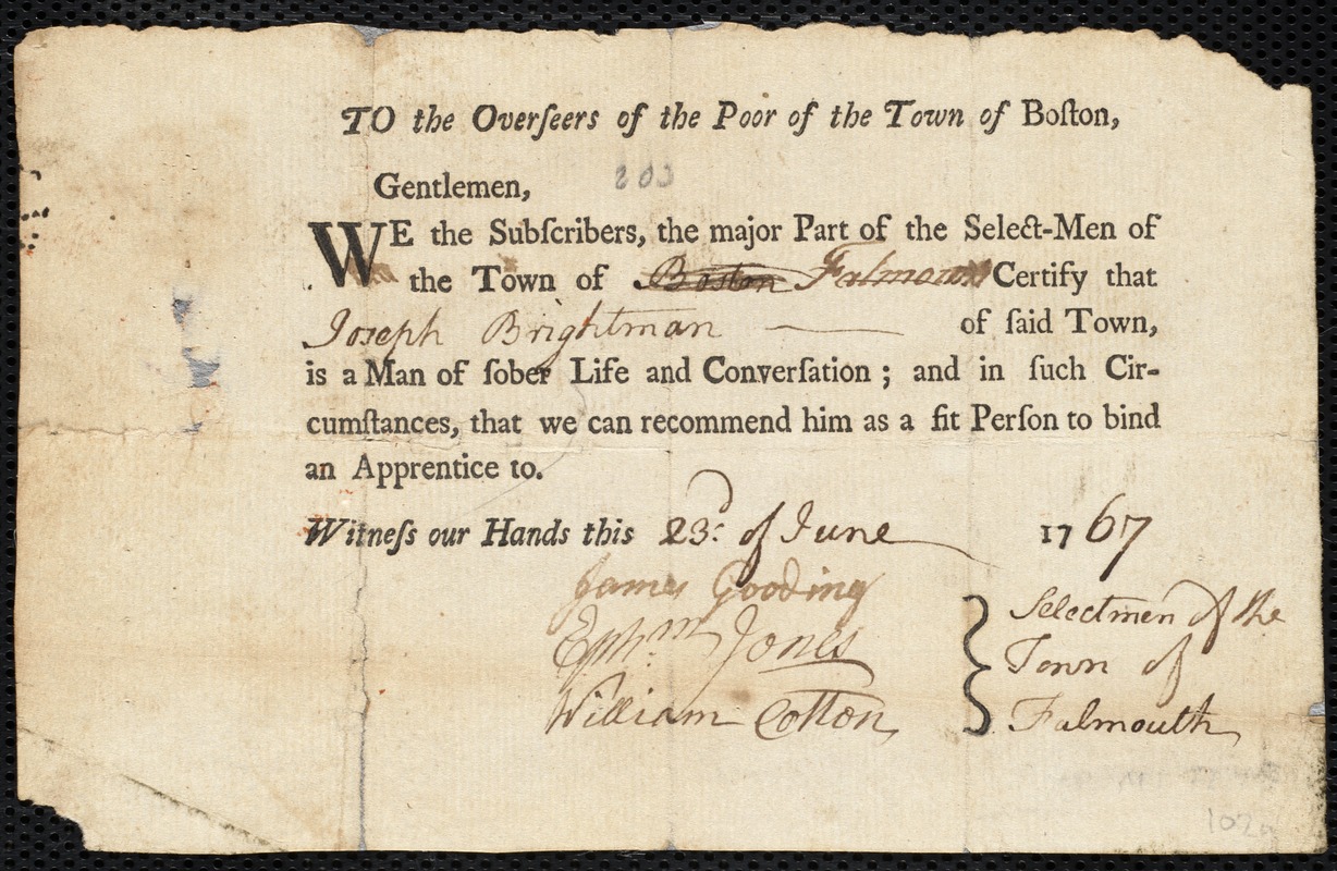 Elizabeth McGrath indentured to apprentice with Joseph Brightman of Falmouth, 7 July 1767