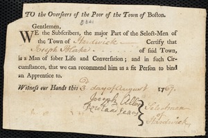 Richard Griffiths indentured to apprentice with Joseph Blake of Hardwick, 29 July 1767