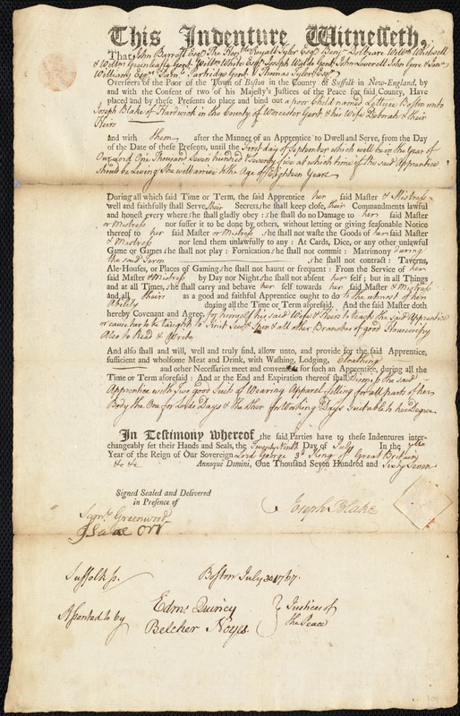 Lettuce Boston indentured to apprentice with Joseph Blake of Hardwick., 29 July 1767