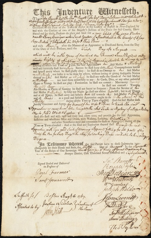 Henry Carrigan indentured to apprentice with Jacob Yeaton of Marblehead, 5 August 1767