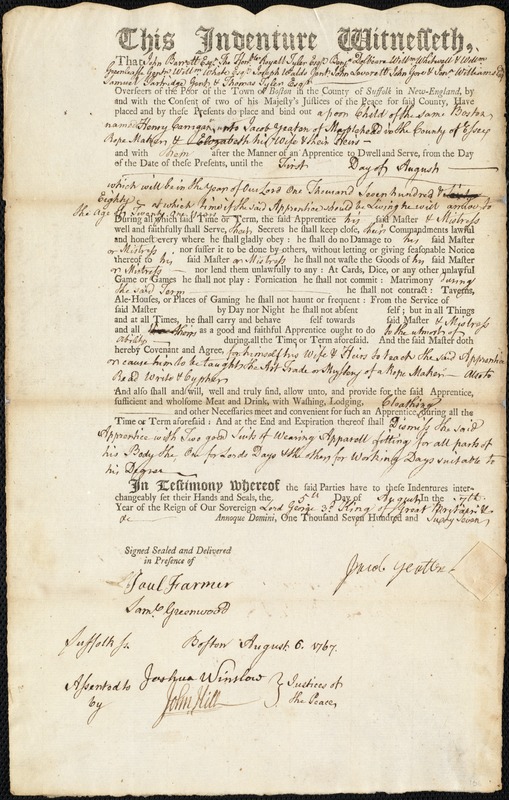 Henry Carrigan indentured to apprentice with Jacob Yeaton of Marblehead, 5 August 1767