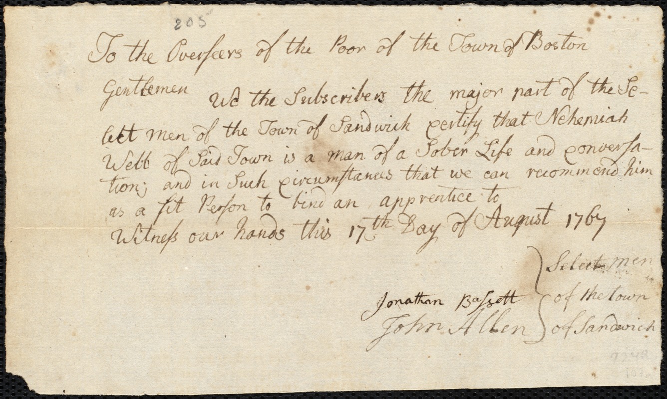 Elizabeth Williams indentured to apprentice with Nehemiah Webb of Sandwich, 25 August 1767
