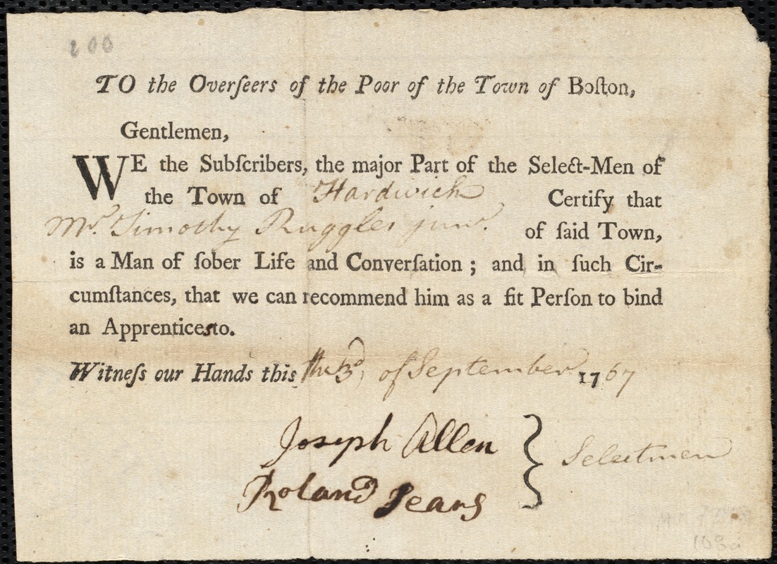 Mary Goggin indentured to apprentice with Timothy Ruggles, Jr. of Hardwick, 24 September 1767
